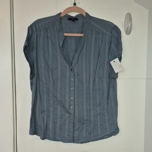Reitmans Blue Striped Button-Down Short Sleeve Blouse
